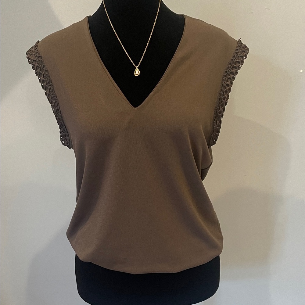 Deep olive -brown V-Neck Women's Top with detail at sleeve